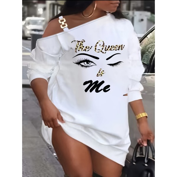 Plus Size The Queen Is Me Print Dress, Casual Chain Linked Cold Shoulder Long Sleeve Dress, Women's Plus Size&nbsp;Clothing